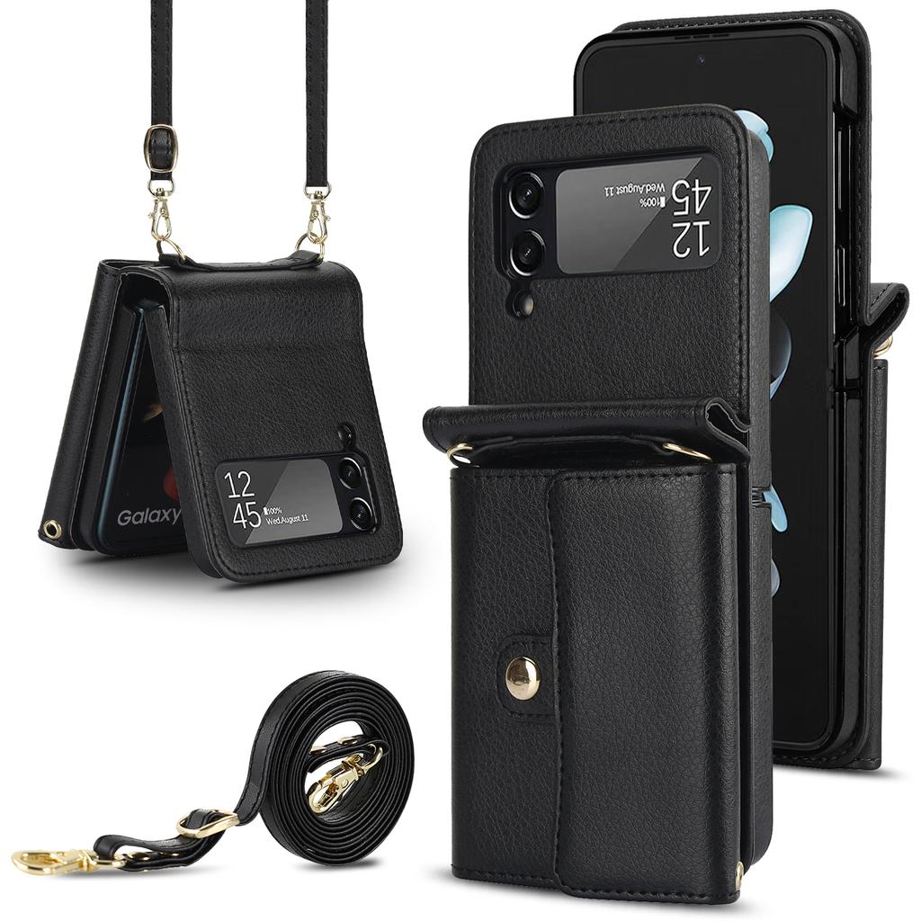 Crossbody Cards Bag Rfid Leather Wallet Case For Samsung Galaxy Z Flip 5 4 3 5G Flip5 Long Lanyard Purse Pocket Hand Strap Cover