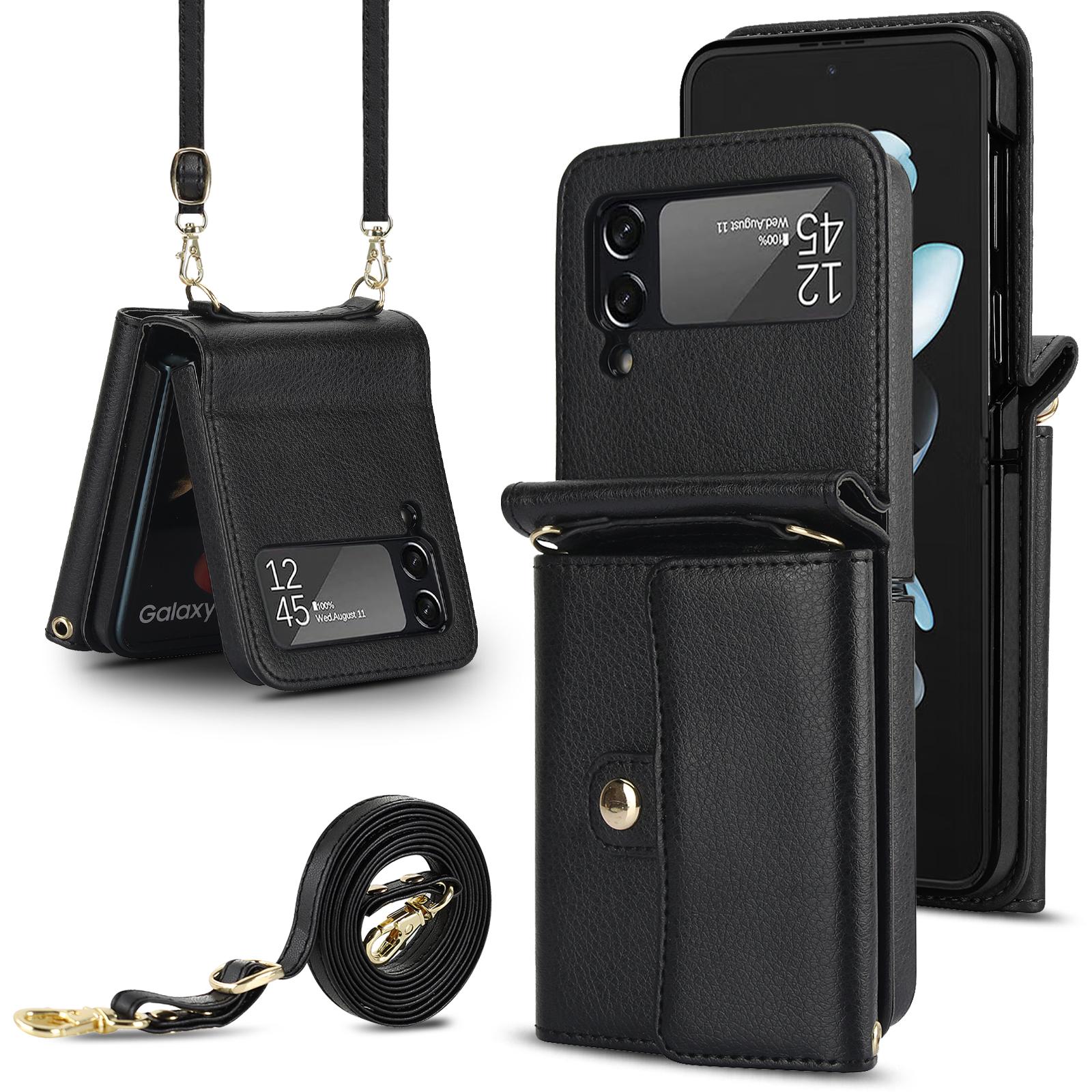 

Crossbody Cards Bag Rfid Leather Wallet Case For Samsung Galaxy Z Flip 5 4 3 5G Flip5 Long Lanyard Purse Pocket Hand Strap Cover For Galaxy Z Flip 5 чёрный