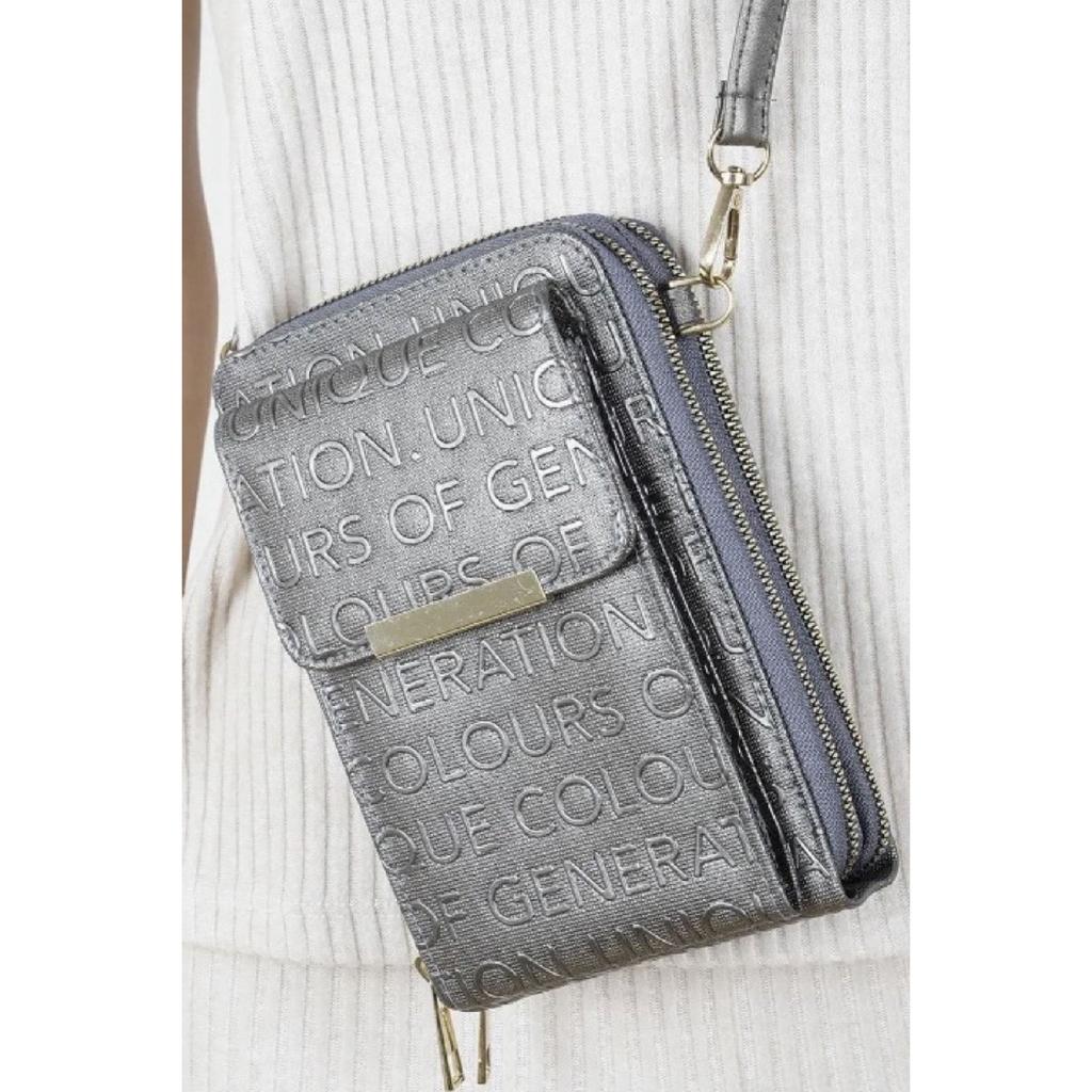 Black Leather Strap Bag With Card Holder, Magnetic Front Cover Pocket, Fits All Phone Models