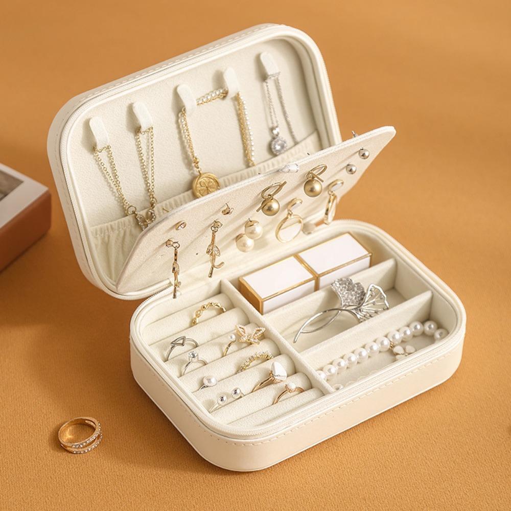 Leather Zipper Stud Earrings Storage Jewelry Box with Baffle Earrings Ring Large Capacity Jewelry Jewelry Portable Box
