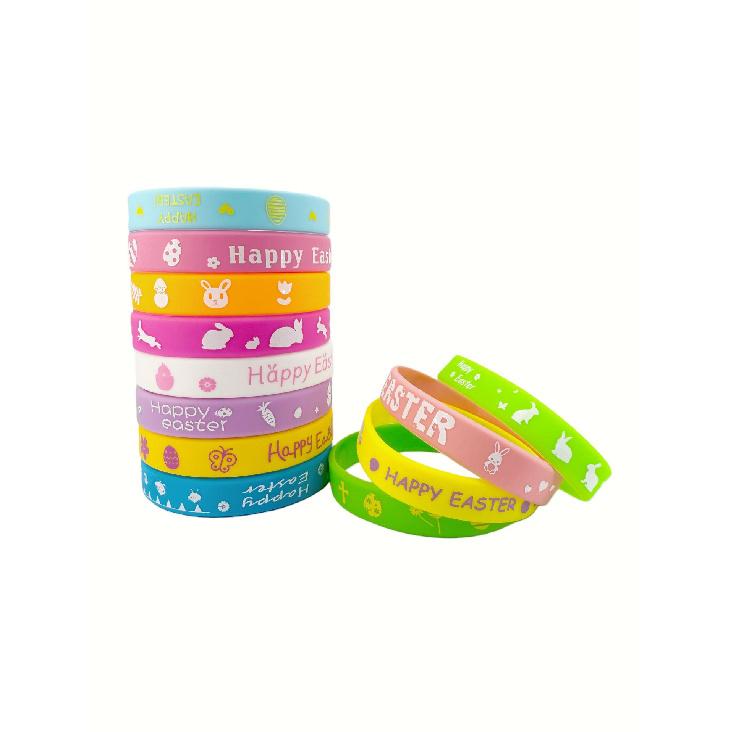 

Happy Easter Silicone Wristbands, Bunny Egg Themed Rubber Bracelets for Kids Set of 12
