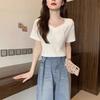 Design sense V-neck exposed collarbone short-sleeved T-shirt women's summer new thin solid color versatile student niche top