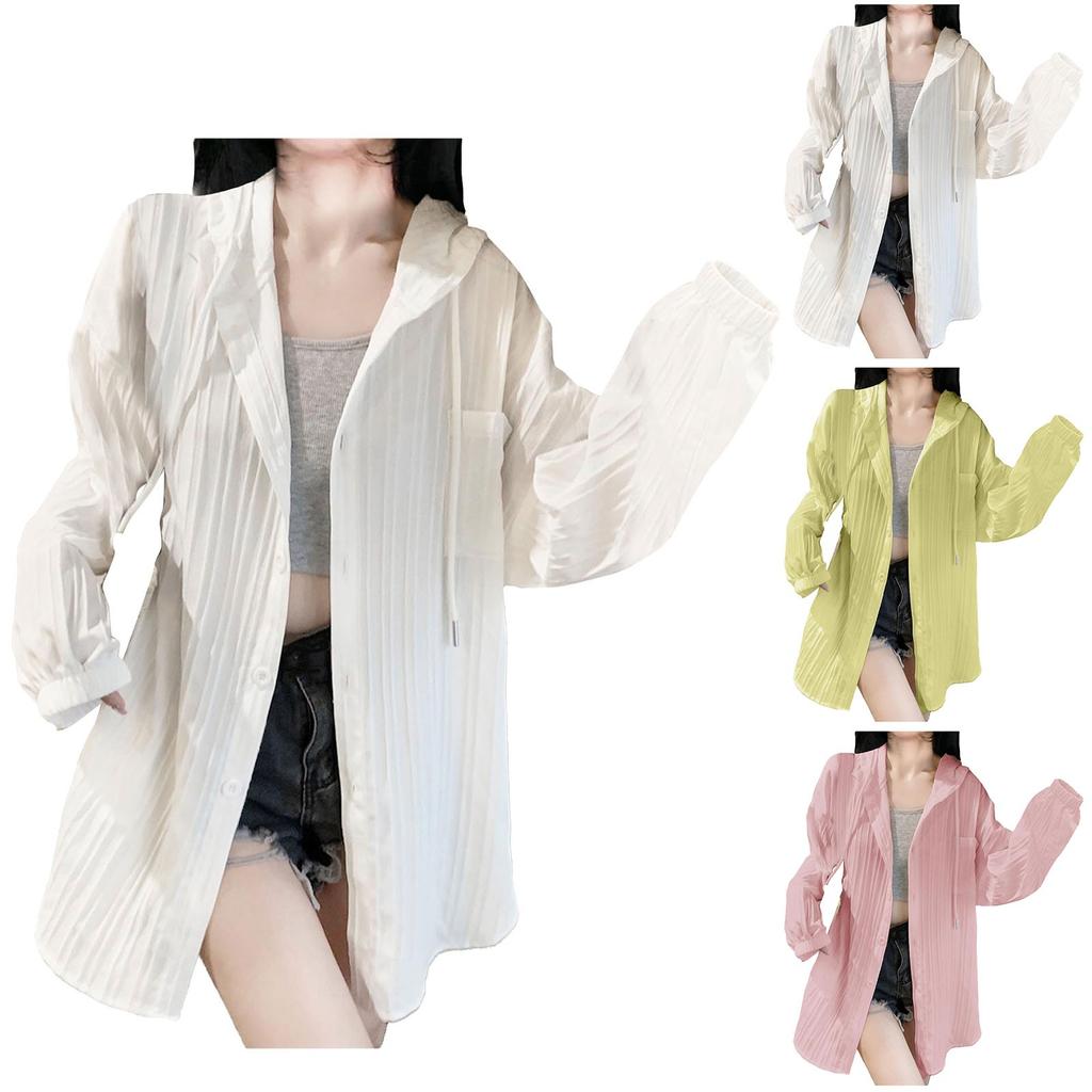 Dámské košile s ochranou proti slunci Podzimní nadměrné volné jednobarevné kardigany s kapucí se stahovací šňůrkou Dámská halenka s minimalistickou pruhovanou texturou