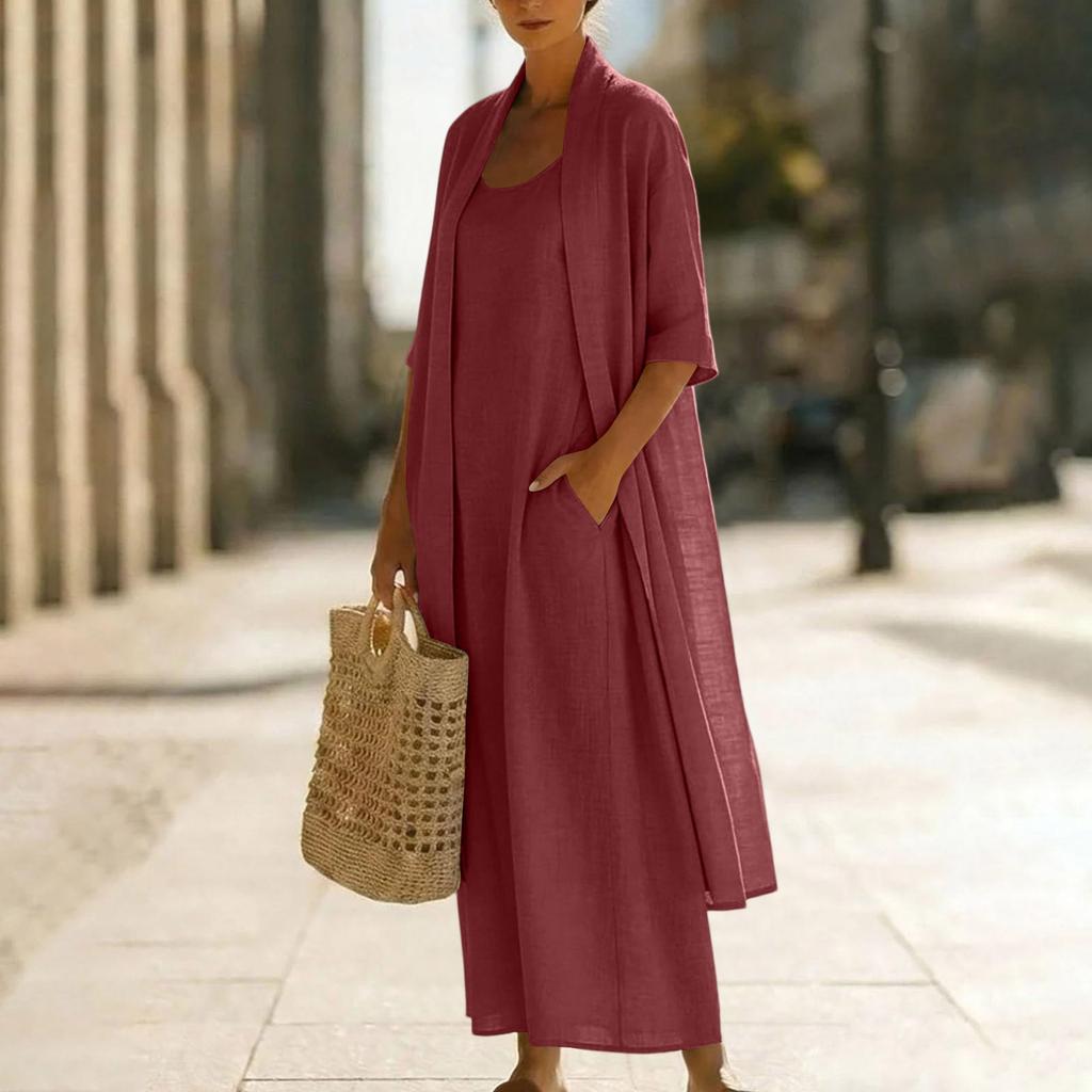 Damen 2-teilige Outfits Sommer Baumwoll-Leinen-Sets Maxikleid und Langarm-Strickjacke mit 3/4-Ärmeln und Tasche