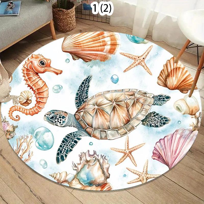 Vibrant Underwater World Rug Round Ocean Carpet with Turtle Seahorse Fishes Colorful Marine Life Mat for Kids Room Beach Decor