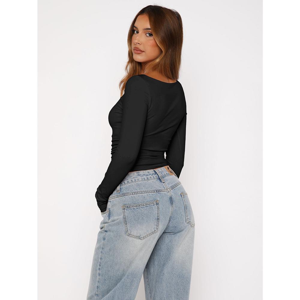 Women's Long Sleeve Asymmetrical Neck Ruched Slim Fit Shirts 2025 Fall Fashion Casual Tee Going Out Tops