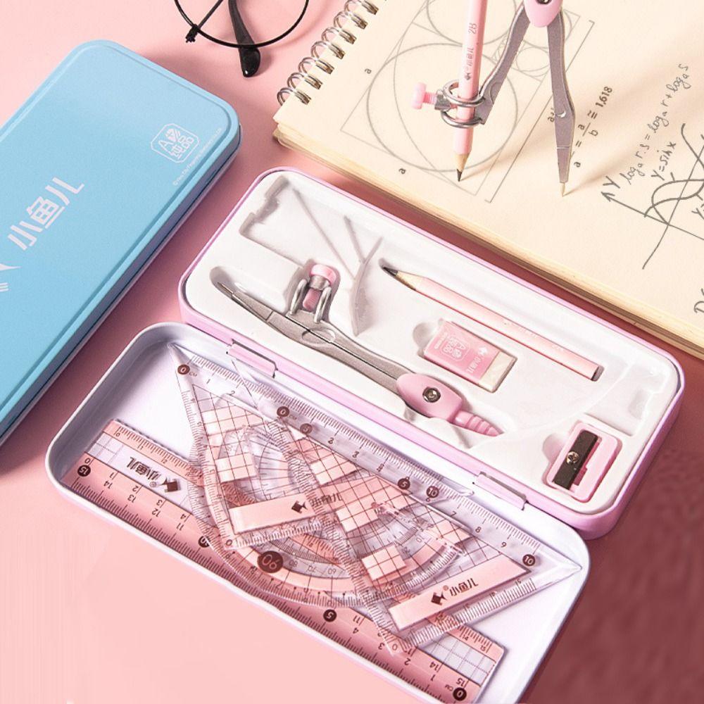 8Pcs/Set Metal Box Ruler Compass Set Multi-Function Drawing Stationery Students Gifts