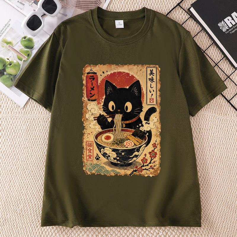 Raunisex Cat T Shirt Black Cat Noodles Tee Japanese Food Tshirt Unisex Unisex Round Neck Print Fashion TShirt Streetwear Clothes