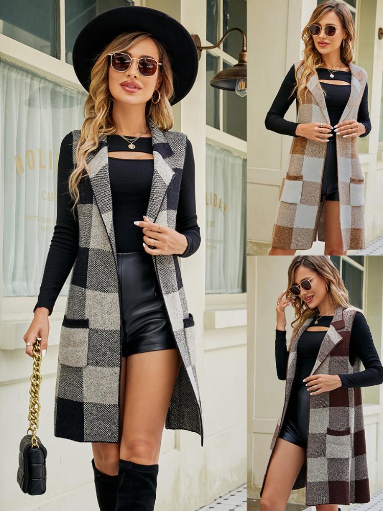 Women's Long Suit Collar, Sleeveless Sweater Jacket, Checkered Jacquard Knitted Vest, Outer Cardigan