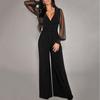 Women's V-Neck Mesh Stitching Rivet Straight-Leg Jumpsuit In Stock