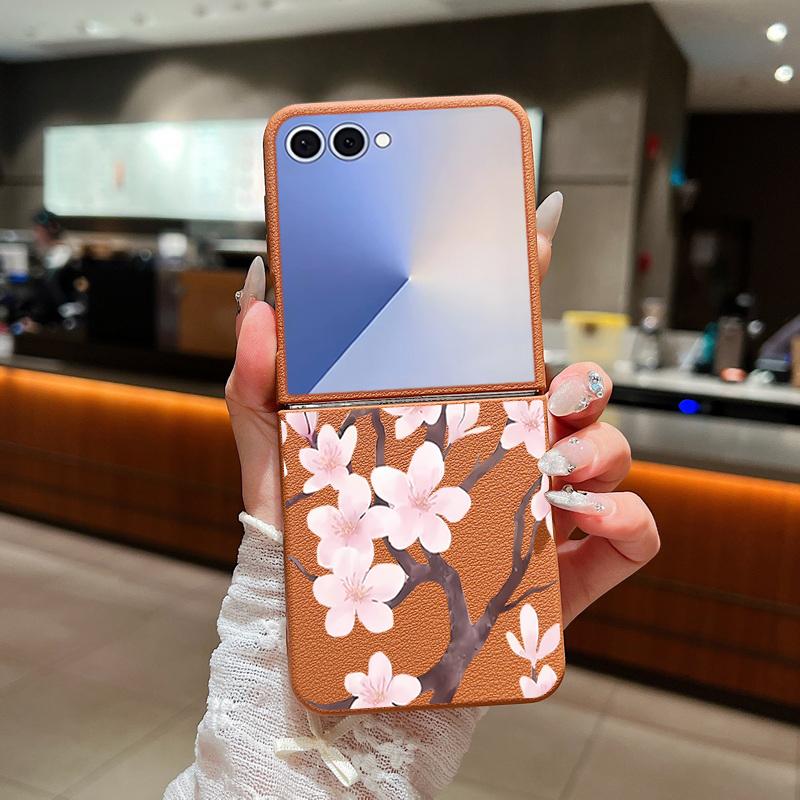 Z Flip 7 Case Hand-drawn Style Sakura Pattern Leather Texture Folding Fhone Cover For Samsung Galaxy Z Flip 7 6 5 4 Flip7 Flip6 Flip5