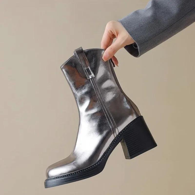 Booties Heeled Fur Combat Women's Ankle Boots Punk Style Very High Heels Patent Leather Female Short Shoes Boot Footwear New In