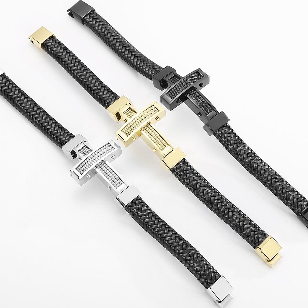 Handmade Braided Leather Wrap Bracelet for Men Stainless Steel Men's Cross Bracelets With Magnet Clasp Birthday Party Jewelry