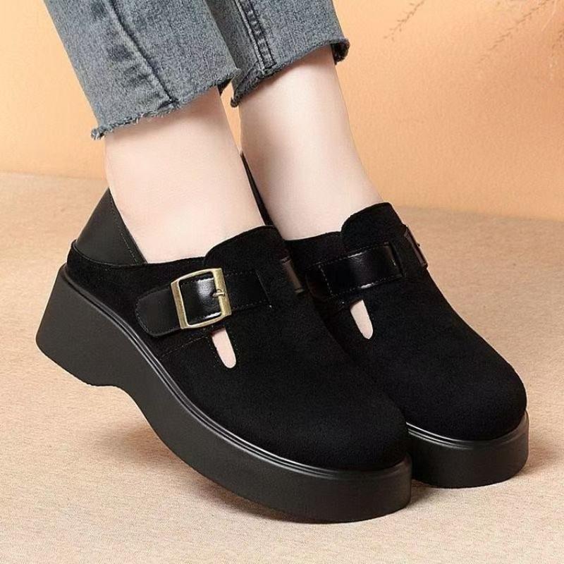 Autumn Thick-soled Heightening Buckle Women's New British Small Leather Shoes One-pedal Single Shoes Soft-soled Women's Shoes