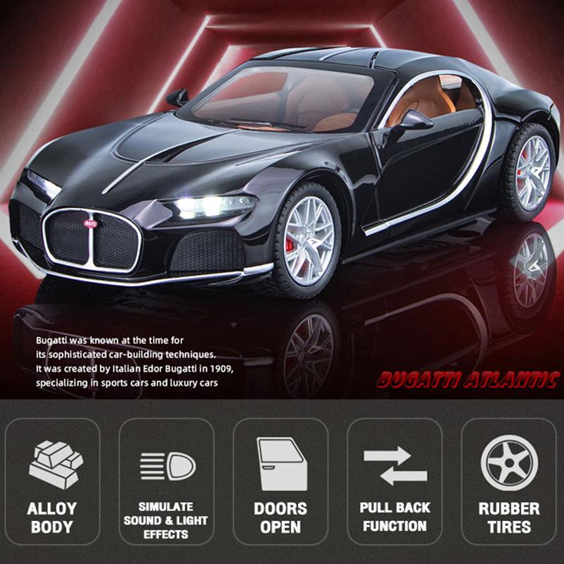 1/24 Scale Bugatti Atlantic Supercar Diecast Car Model Toy, Pull Back Toy Vehicle with Sound and Light for Kids Toddler Boys Girls Gift Collection