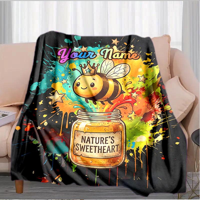 1PC Custom Name Bee Sweet Honey Jar Flannel Blanket Versatile,all-season Throw Suitable for the Living Room,bedroom,camping,travel,and Gift