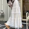 Women's Balletcore White Layered Tulle Midi Skirt with Lace Trim