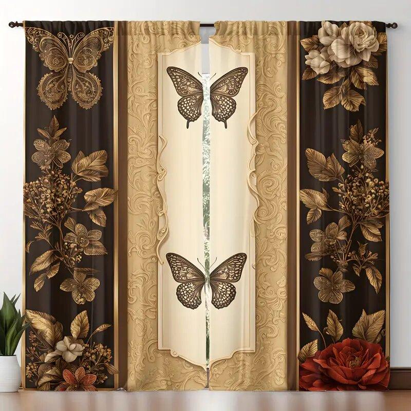 

Retro Butterfly Print Curtains Christmas Decorations Bedroom Living Room Home Decoration Made Of Polyester Area Window Treatment W100*H70(CM)-Grommet top&2PCS