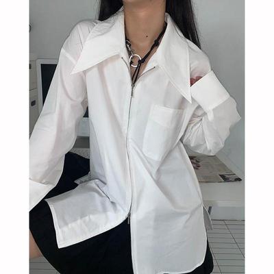 Streetwear Fashion πουκάμισο με φερμουάρ Γυναικείο πουκάμισο με γυριστό γιακά με μακριά μανίκια Γυναικεία λευκή μπλούζα Casual Office Lady Elegant Tops Chic 29287