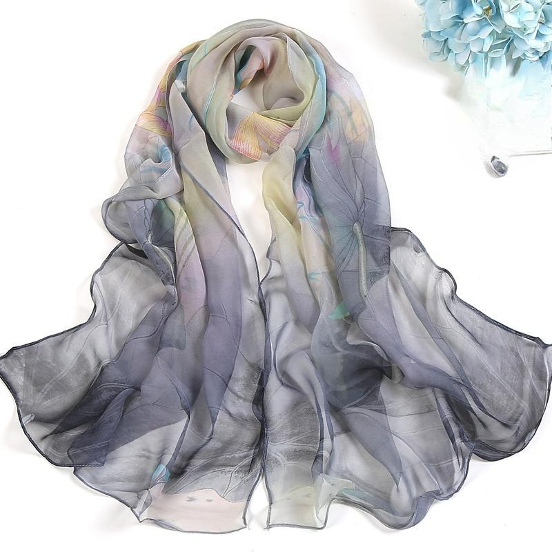 Lotus Sunscreen Silk Scarf Seaside Beach Towel Long Ladies Silk Scarf Lotus Pond Moonlight Thin Silk Scarf