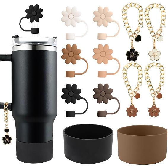 Accessories for Stanley Cup Set,2Pcs Flower Straw Cover Caps 10mm Reble Brown Straw Toppers,1Pcs Cute Handle Charm and 1Pcs Silicone Boot Sleeve for