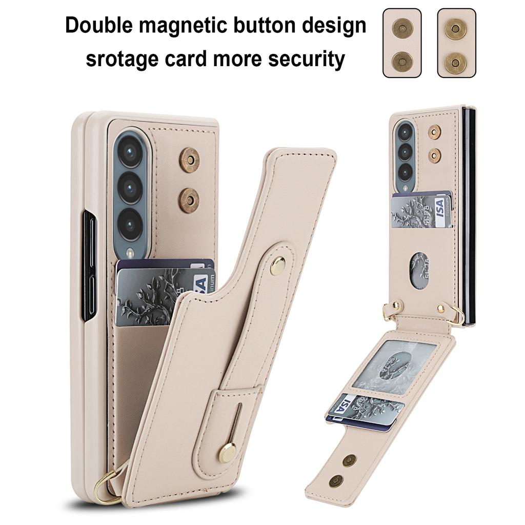 For Samsung Galaxy Z Fold4 5G Case Kickstand Card Slots Leather Coated TPU Cover with Shoulder Strap