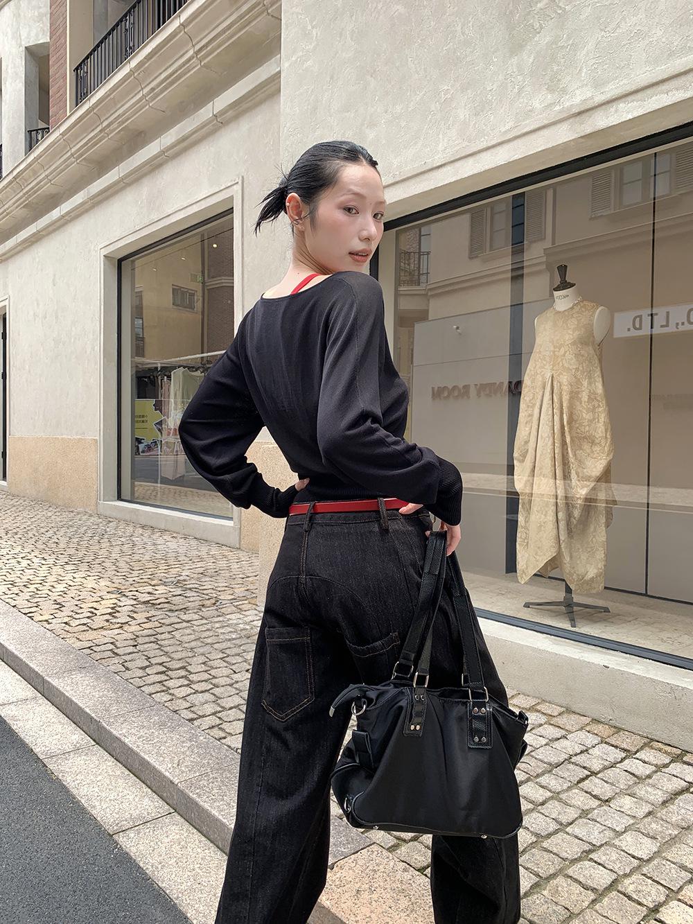 

American Pleated Wide-Leg Women s Jeans - 2025 Autumn Edition, One-Pocket Long Pants L чёрный/золотой