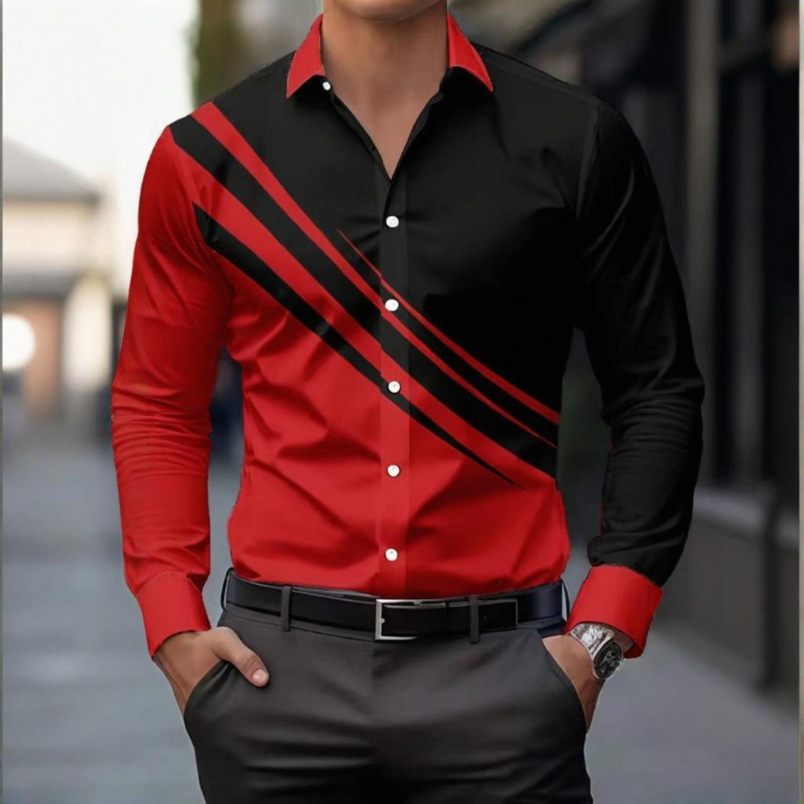 

Мужские рубашки с длинным рукавом, рубашки в стиле business casual, мужские рубашки на пуговицах с отложным воротником и цветными блоками M красный