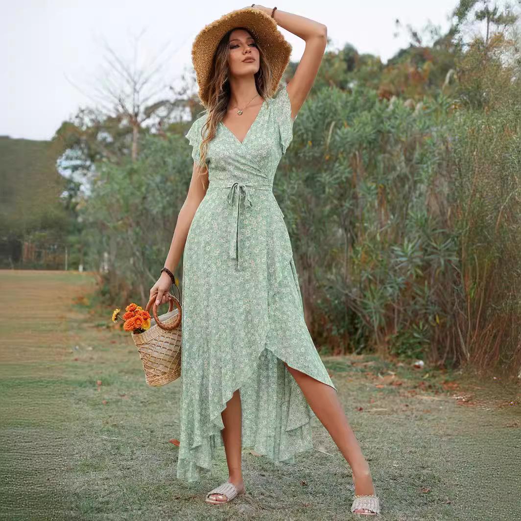

Женские новые платья с V-образным вырезом в стиле бохо-отпуск с завязками XL зелёный