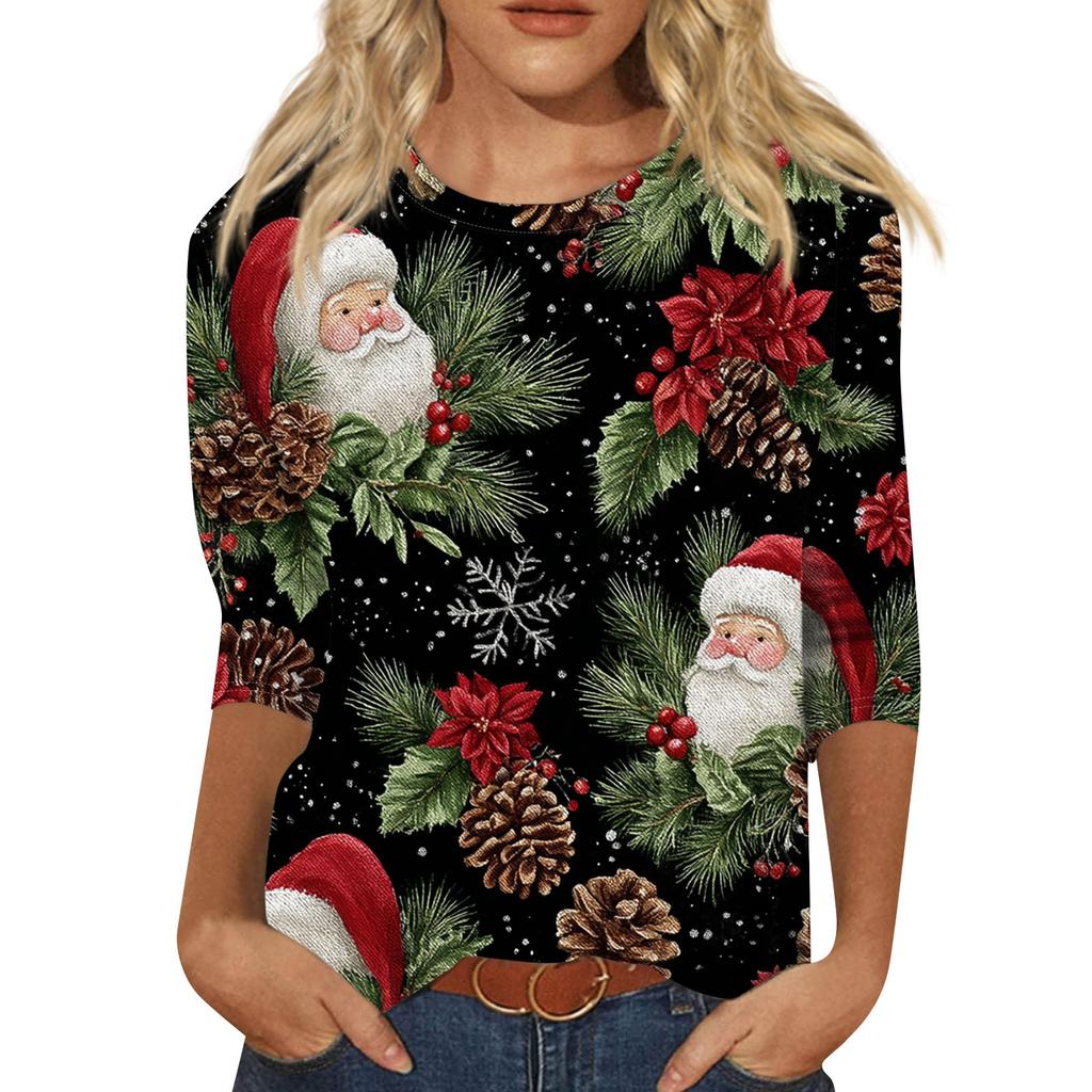 Camiseta holgada con estampado de manga 3/4 y cuello redondo informal a la moda para mujer