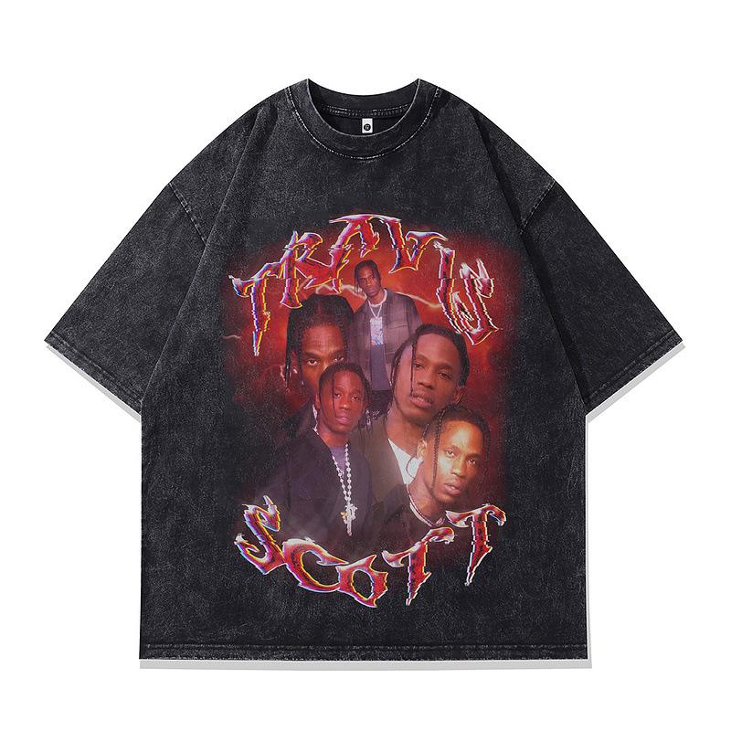 Hip Hop Trend Portrait Printing T-Shirt American Retro Trendy Brand Washed Old Casual Short-Sleeved T-Shirt Men