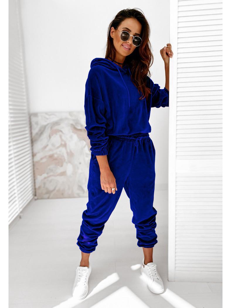 

Женский однотонный повседневный костюм из золотистого бархата с капюшоном - Осень/Зима 2021 XL