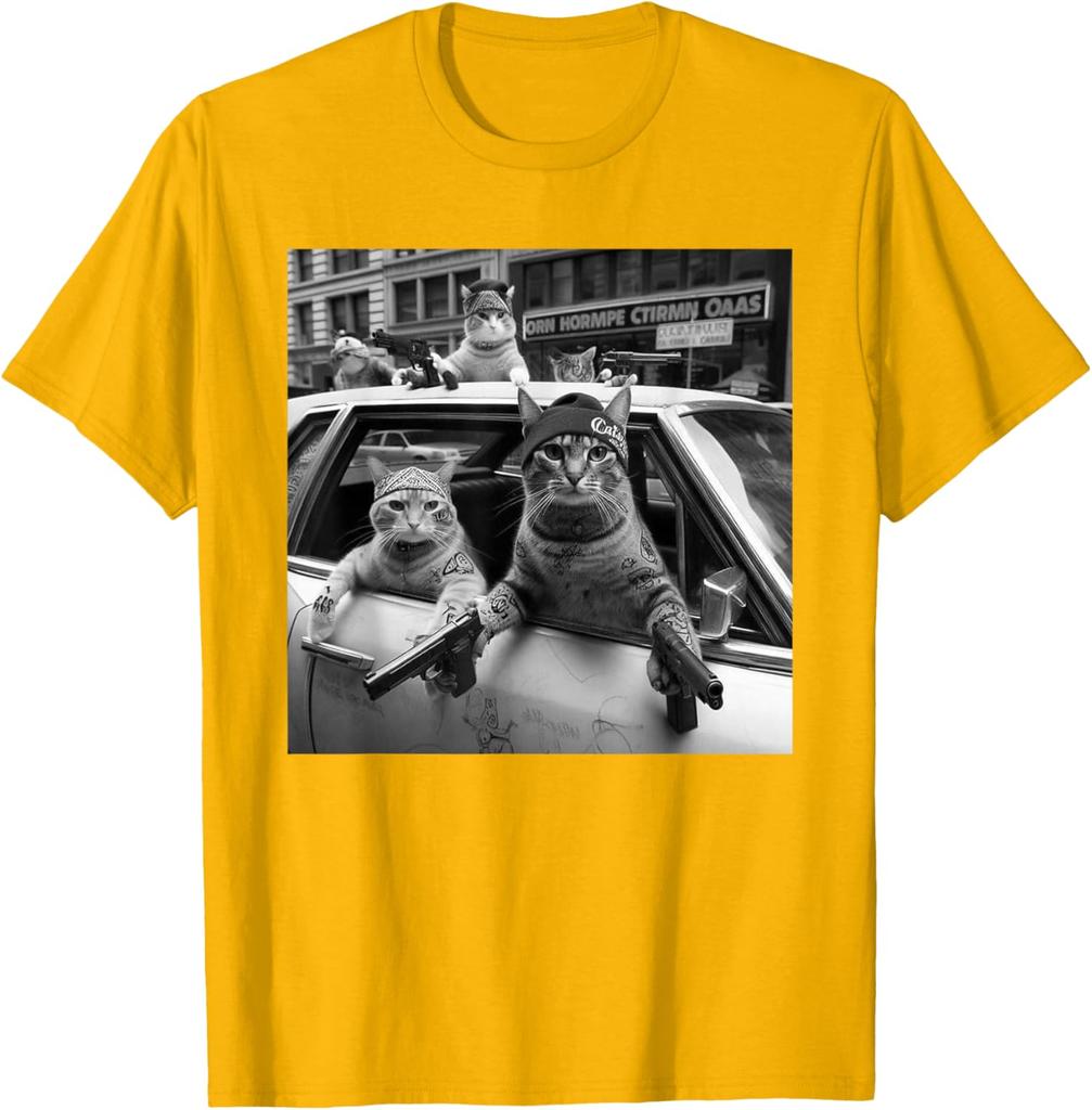 Print Gangster Cats Graphic Tee Men's Funny Street Style Oversized T-Shirt Casual Daily Print Round Neck