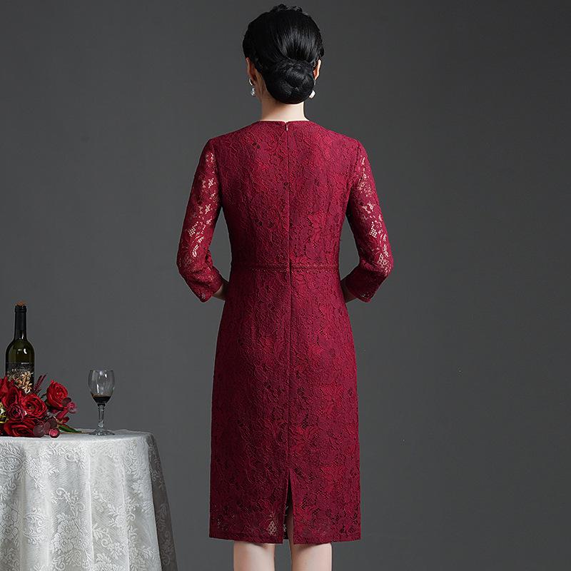Summer 2023 Wine Red Lace Dress with Seven-Sleeve for Elegant Young Mothers