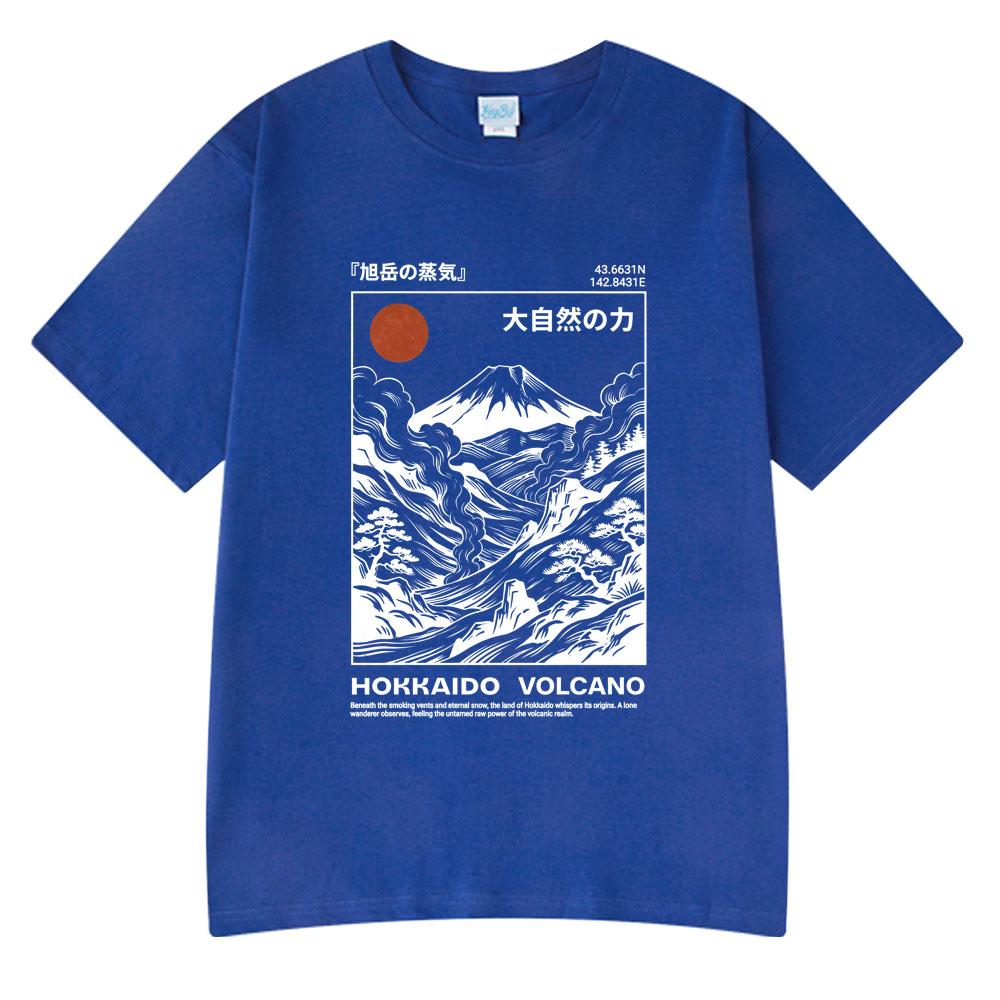 Hokkaido Volcano Illustration T-shirt Retro Okiyo-e Style Japanese Mountain Art TShirt Unisex Short Sleeve Cotton Casual Streetwear