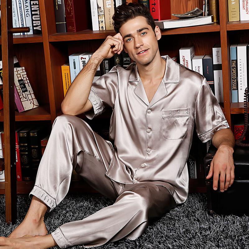 American Standard 19mm Heavyweight 6A Grade Mulberry Silk Men's Short Sleeve Long Pants Pajamas Gray M