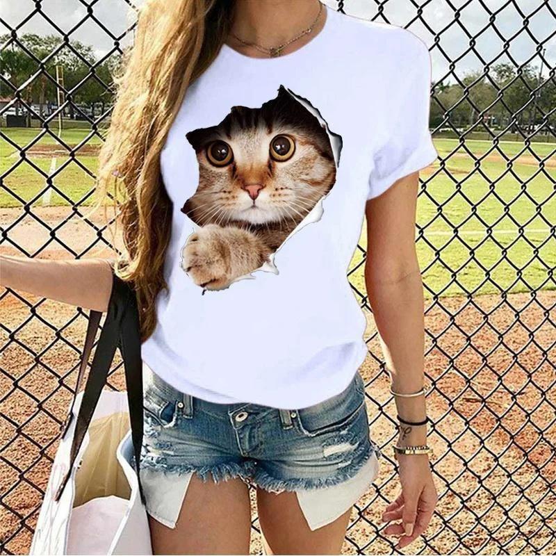 

Fashion Funny Cat Printed T-shirts Women Summer Casual Short Sleeved T-shirts Round Neck Tops XXXL белый
