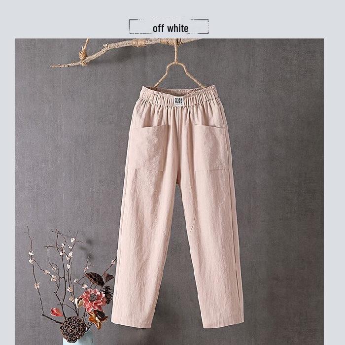 Women's 2023 Cotton-Linen Casual Straight Pants, Korean Style, Slim Fit, Lightweight Nine-Point Harem.