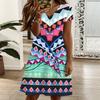 Women Oversized V Neck Short Sleeve Dress Retro Leaf Printed Flowy Dress For Countryside Trip And Everyday Wear