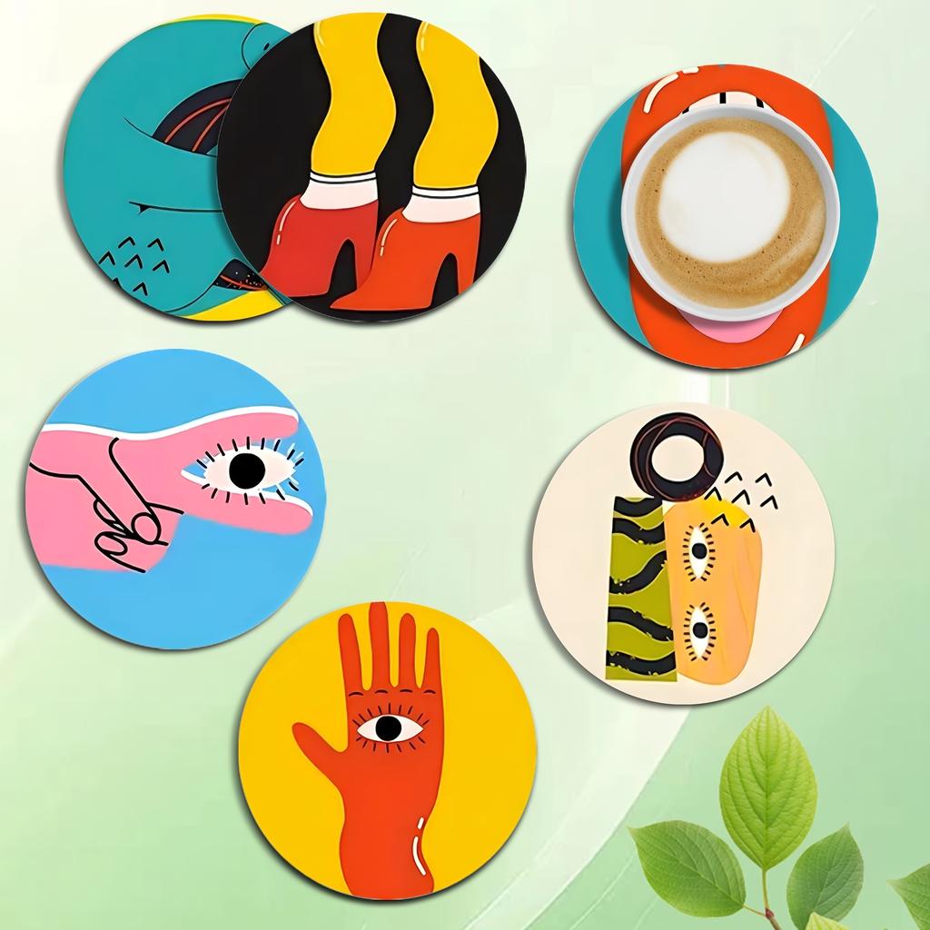 Set of 6 2D Drink Theme Pattern Art Coasters Round Wooden Heat Resistant Non-Slip Home Decor Gift Multifunctional Decoration