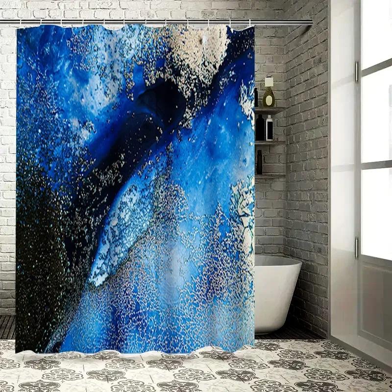 

~O~ Абстрактная шторка для душа Океан - Сине-белые акварельные волны, Водонепроницаемый современный декор для ванной комнаты W90xH180cm