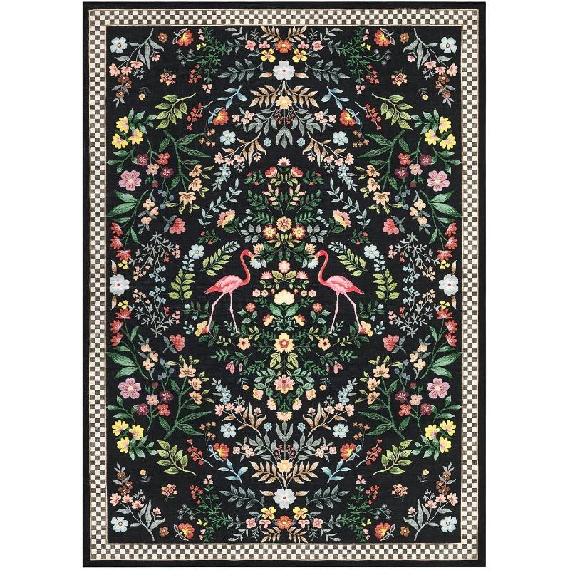 Floral Plaid Print Living Room Carpet Large Area Machine Washable Rugs Non Slip Backing Sofa Coffee Table Floor Mat Bedroom Rug