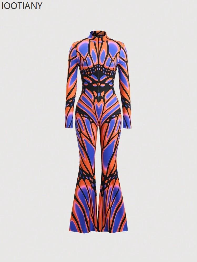 Women Christmas Flare Jumpsuit Candy Cane Snowflake Pattern Bell Bottom Skull Bodysuit Halloween Xmas Clubwear Party Costume