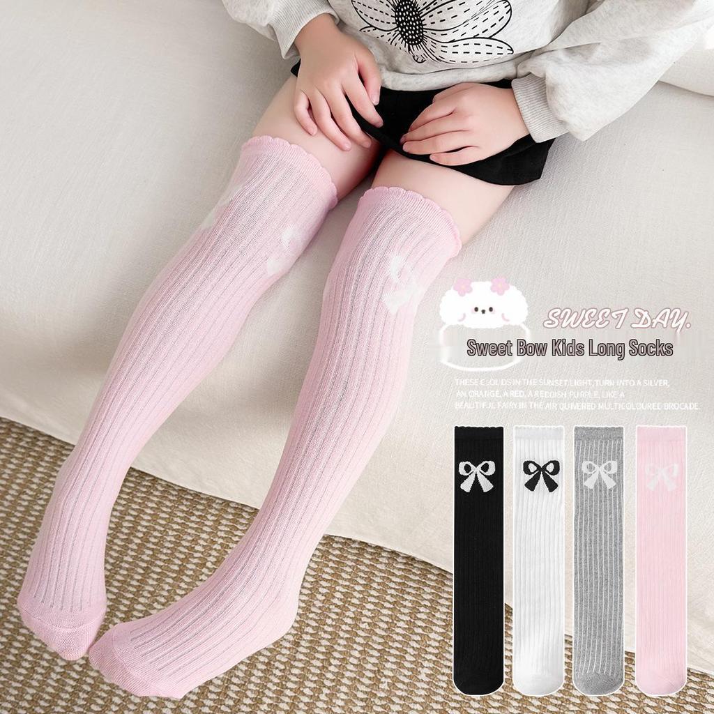 Girls' Korean Style Bow Princess Mid-Calf Socks - Spring Combed Cotton Long Socks for Kids