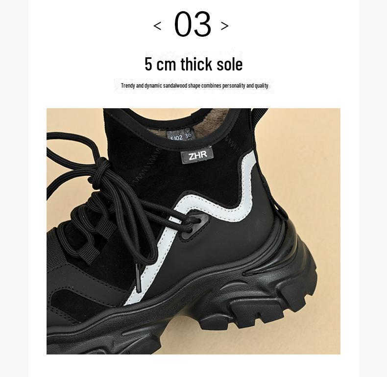 ZHR Women's Warm Velvet Thick-Soled Sneakers, Winter 2023 Casual Black Dad Shoes with Heels