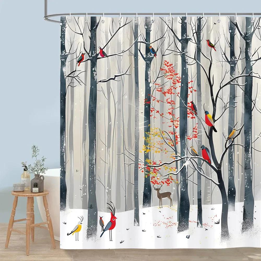 Cute Forest Animals Shower Curtain Winter Snow Fox Red Bird Deer Bear Rabbit Polyester Shower Curtains Bathroom Decor with Hooks