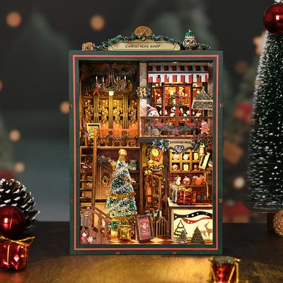 DIY Wooden Christmas Shop Book Nook Figurines Miniatures Bookend Handmade Bookshelf for Friends Birthday Gifts Home Decor Crafts