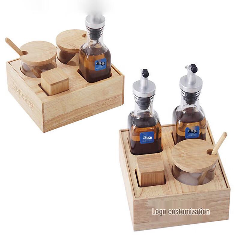 Tabletop Condiment and Seasoning Set with Solid Wood Base