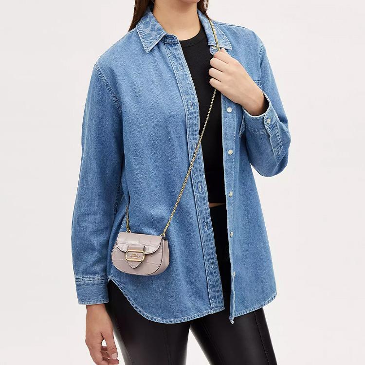 Coach Morgan Detachable Chain Strap Snap Closure Crocodile Embossed Leather Crossbody Card Case Women Card Case Gray Birch CN379-IMC2J