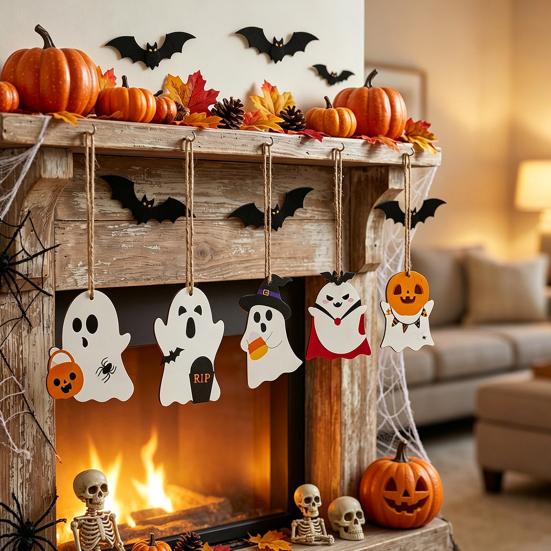 Halloween Wall Ornaments Ghost Wooden Hanging Sign with Hemp Rope, Cute Holiday Pendants for Home Party Decorations